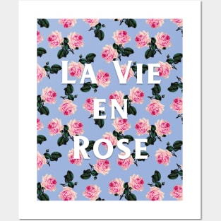 La Vie En Rose on blue - pink scattered vintage roses on blue Posters and Art